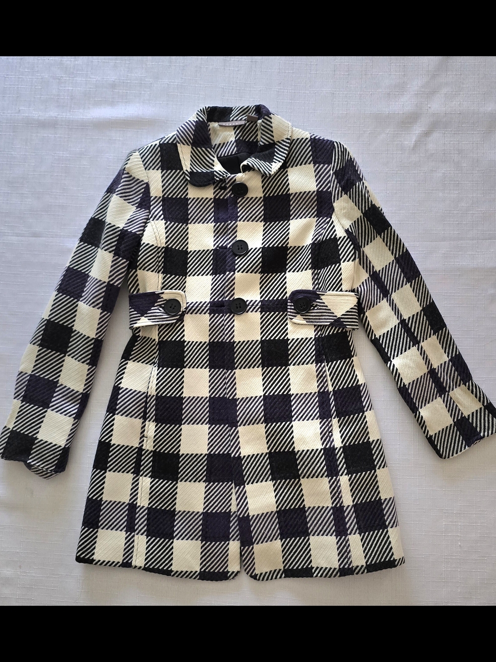 Kenar Black and Cream Checked Pea Coat